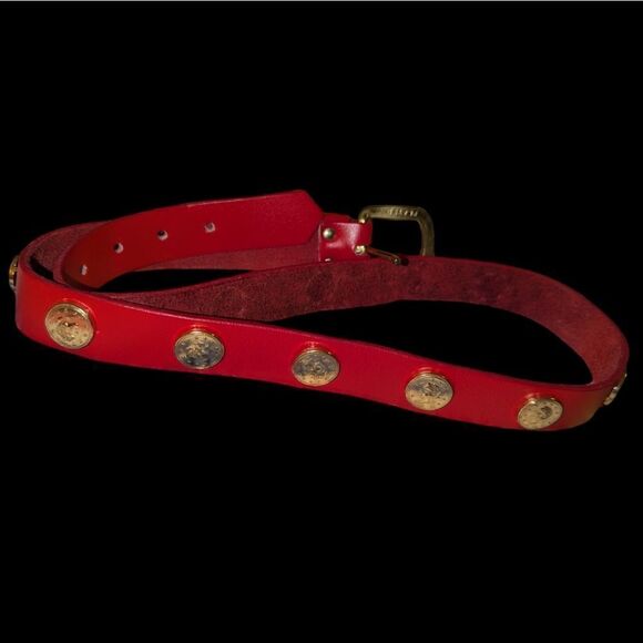 Women's Vintage‎ red leather belt with gold tone coins lux - Picture 3 of 7